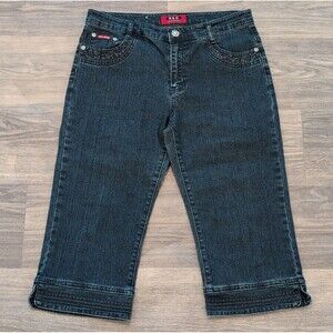 H&D JEANS Bermuda Denim Shorts Dark Blue Embroidered Studded Women's Size 46